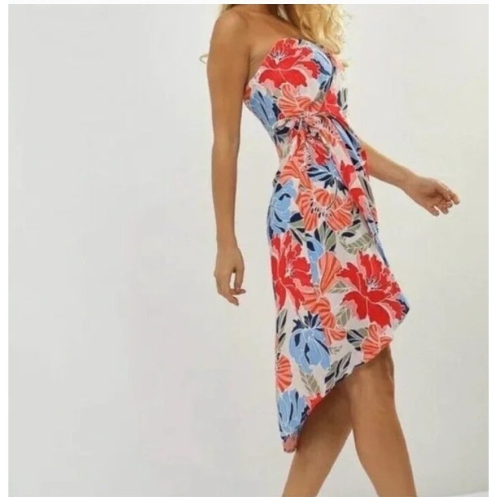 NEW ASTR The Label Anthropologie Josefina Tropical Strapless Dress Red Blue‎ S